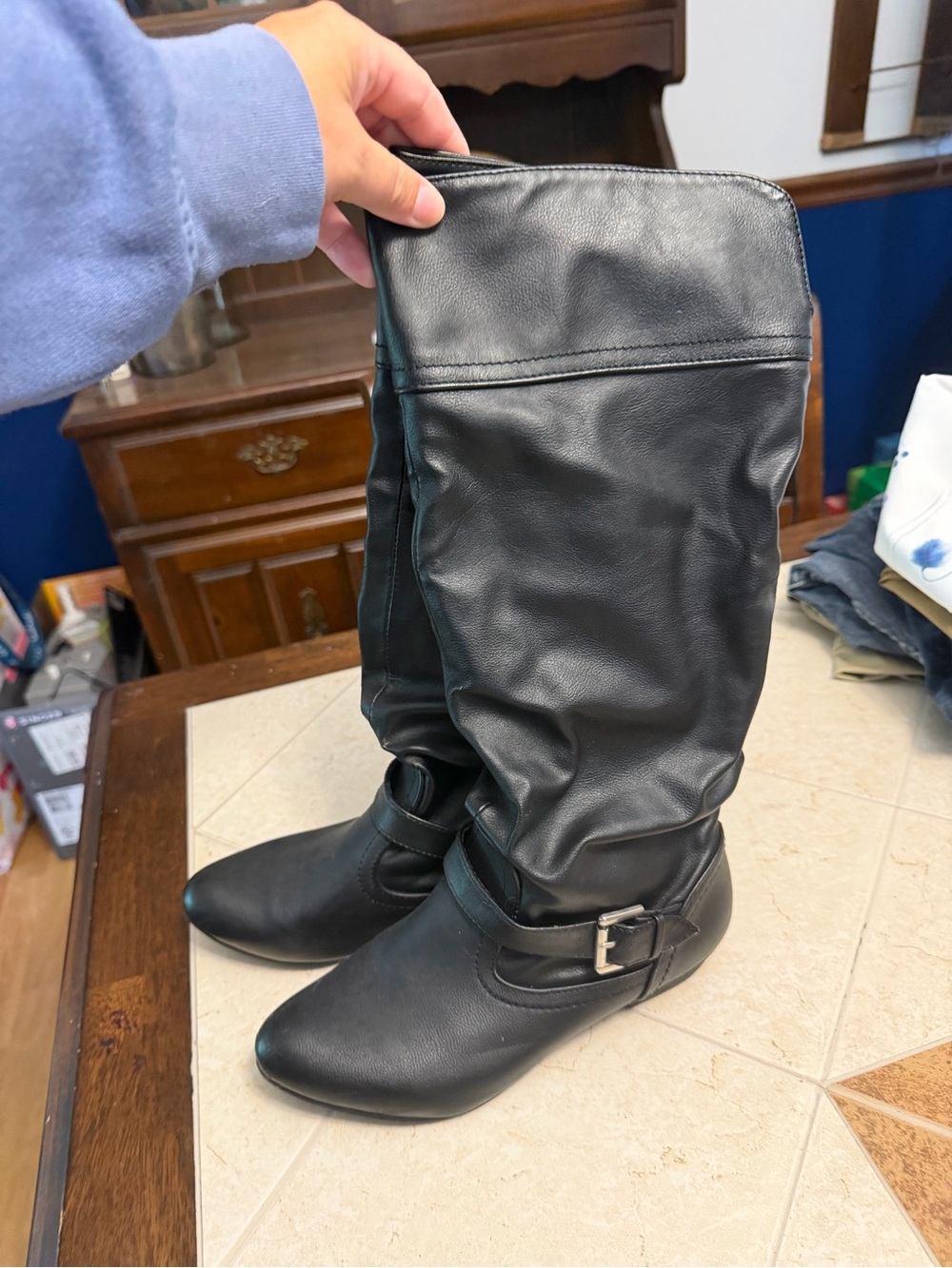Women's Black Faux Leather Boots with Buckle Detail